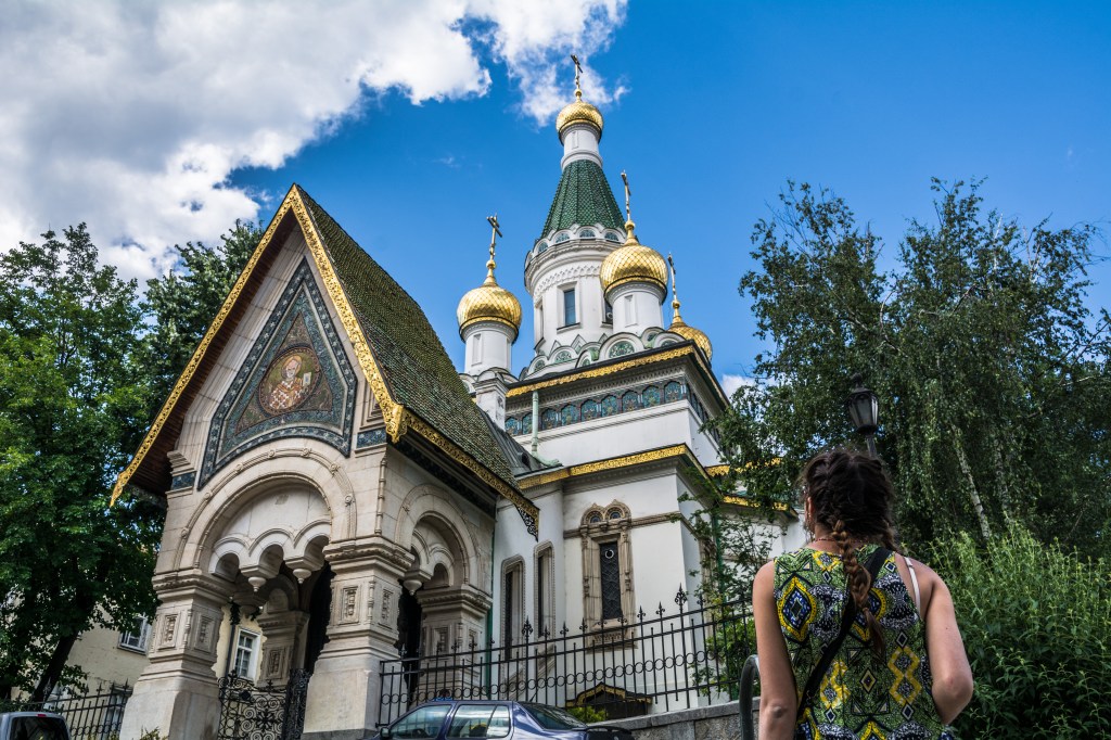 Bianca standing in front of St Alexander Nevsky Cathedral in Sofia, Bulgaria.