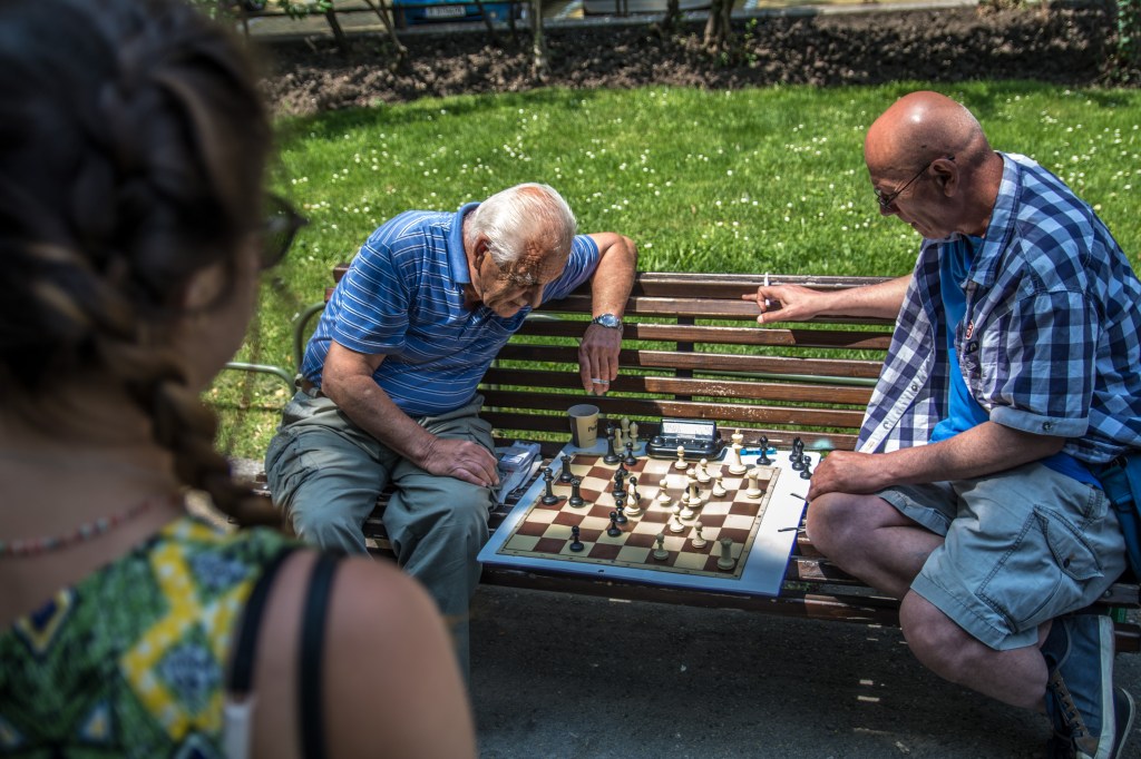 People playing chess in a park in Sofia, Bulgaria