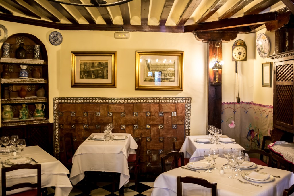 Sobrino de Botín, Madrid's oldest restaurant and a favorite of Hemmingway's, known for its traditional Spanish cuisine, cozy atmosphere, and rich cultural history.