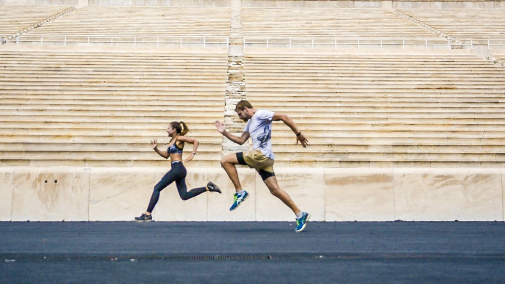 Bianca and Brett having a running race at the famous Olympic Stadium in Athens, Greece.
