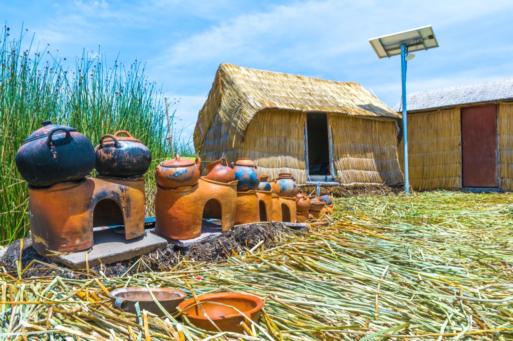 Traditional huts made from reeds on Uros Floating Island.