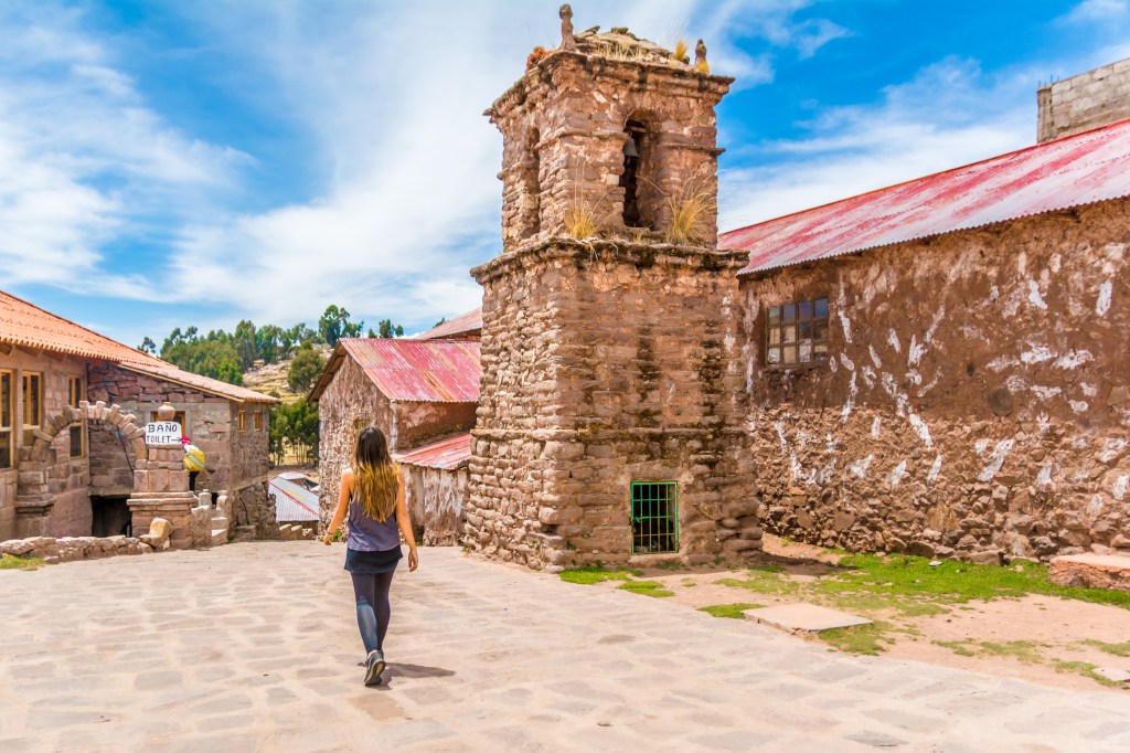 Bianca exploring the central square of Taquile Island.