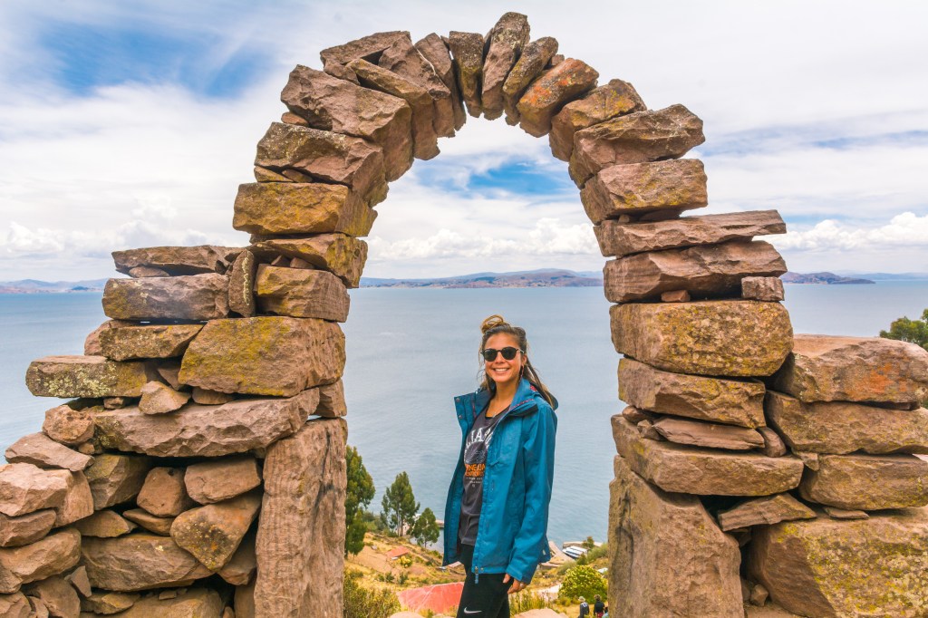 Bianca posing at the viewpoint on Taquile Island, Peru.