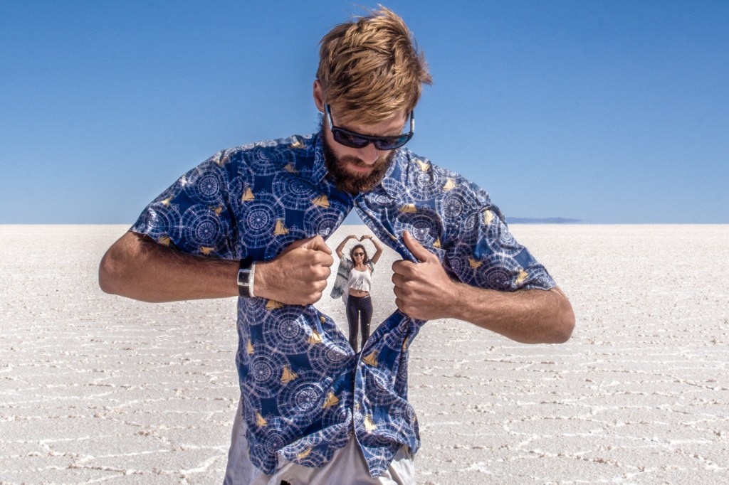 Image showcasing Brett and Bianca's creative photography skills at the Salt Flats in Bolivia, capturing their unique perspective and artistic approach to exploring this iconic destination.