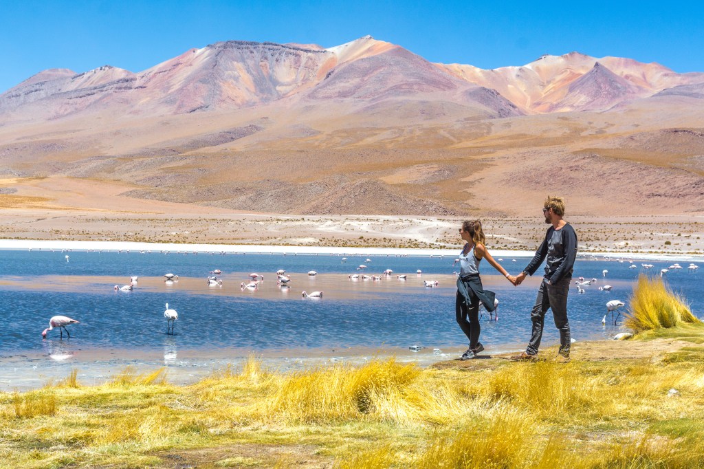 Image showcasing Bianca and Brett strolling around a lake in Uyuni, marveling at the elegant flamingos, offering a serene view of the scenic beauty in Bolivia's captivating landscapes.
