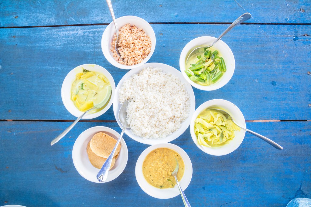 Image featuring a spread of curry and rice dishes, showcasing a variety of flavorful curries in Sri Lankan cuisine.
