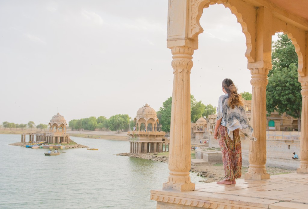 Scenic sunset spot by lakeside temples and shrines