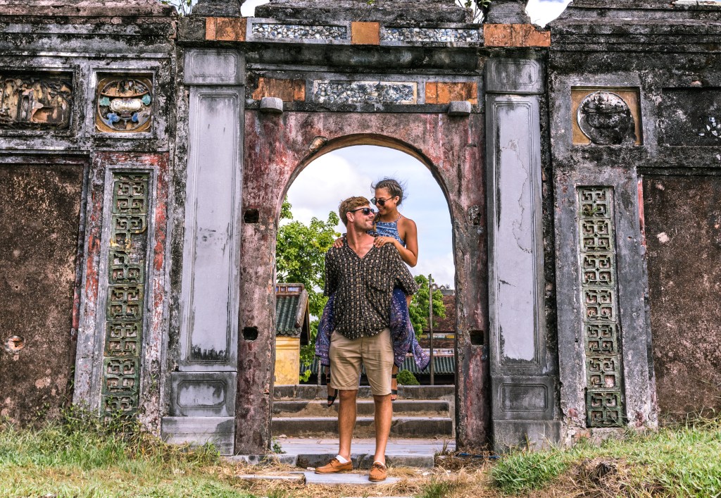 Brett and Bianca admiring the architecture of the Imperial City in Hue, Vietnam.