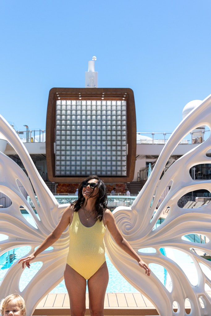 Family enjoying fun in the sun on the top deck of Celebrity Edge Cruises during its inaugural New Zealand voyage from Auckland to Christchurch.