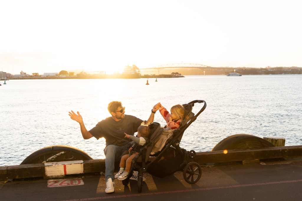 Brett using both seats on the Baby Jogger City Select 2 pram with two children seated comfortably, showing the pram set up in double mode for family outings.